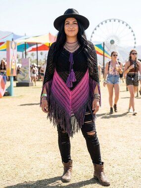 Boho Gorgeous Crochet Poncho Tassel Fringe Black Magenta long top Large - XL